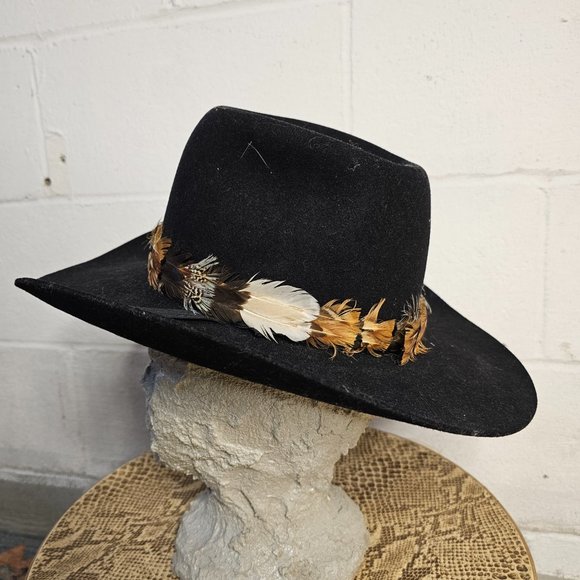 Vintage Black Felted Cowboy Hat with Black, Brown & White Feather Banding main image 5